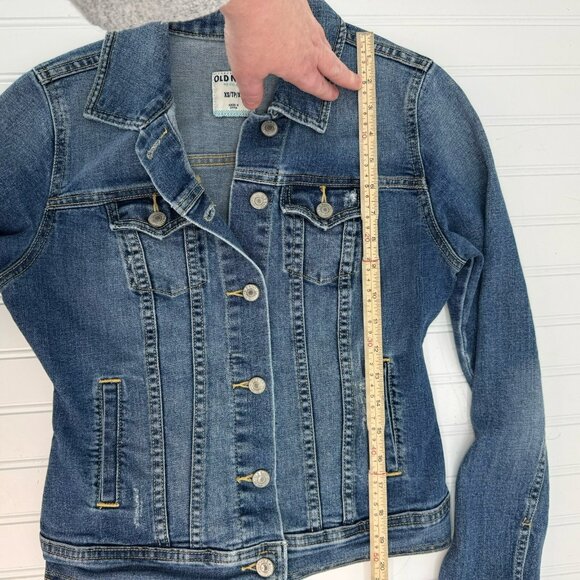 Old Navy Denim Trucker Jacket Size XS Blue Jean Dark Worn Wash Distressed Y2K - Picture 5 of 7